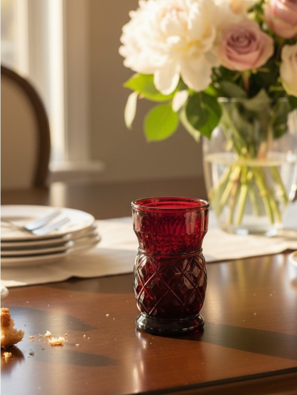 Cambridge Ruby Vintage Thumbprint glass.